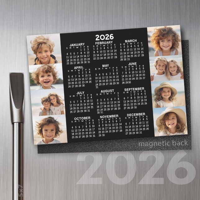 Calendar - 8 Photos - Basic Black White Magnet (2026 Calendar on a Refrigerator Magnet with a Photo Collage)
