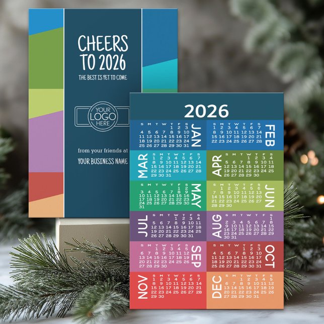 Calendar and Business Logo - festive colourful Holiday Card (2026 Calendar on a Business Holiday Card)