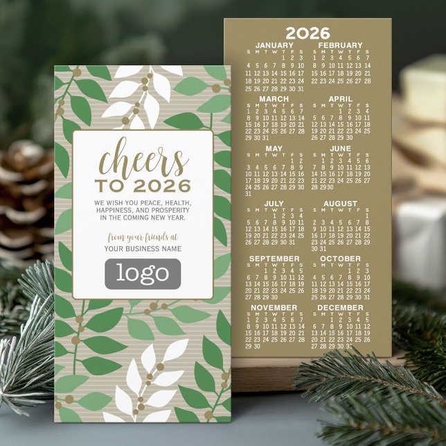 Calendar and Logo - Gold Green Branches - Business Holiday Card (2026 Calendar with Business Greeting)