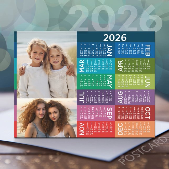 Calendar and Photo Collage Colourful Background Postcard (2026 Calendar Postcard)