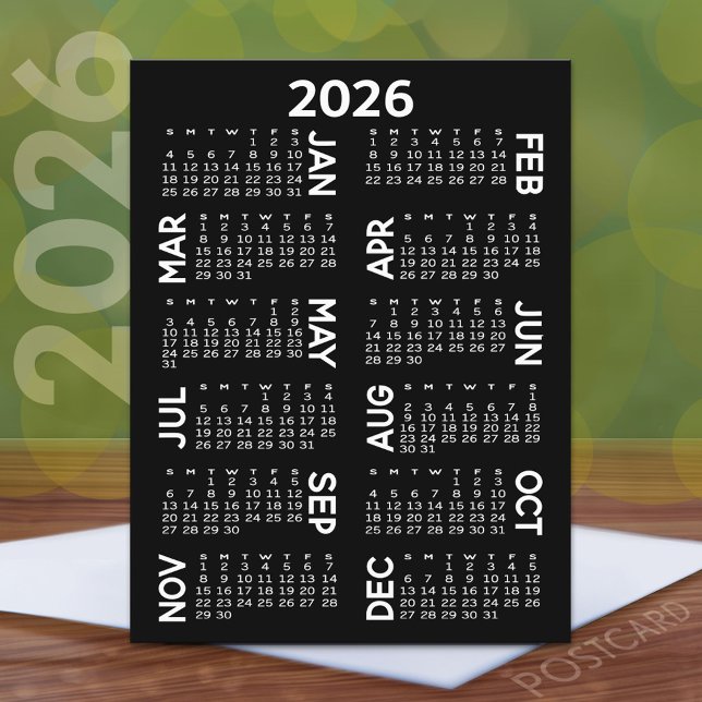 Calendar - black and white offset names postcard (2026 Calendar Postcard)