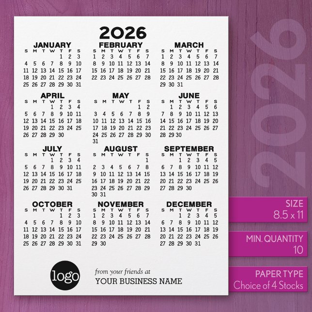 Calendar Black White Business - Holiday  Custom Letterhead (2026 Calendar)