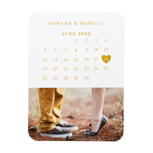 Calendar Elegant Gold Photo Wedding Save the Date Magnet (Vertical)