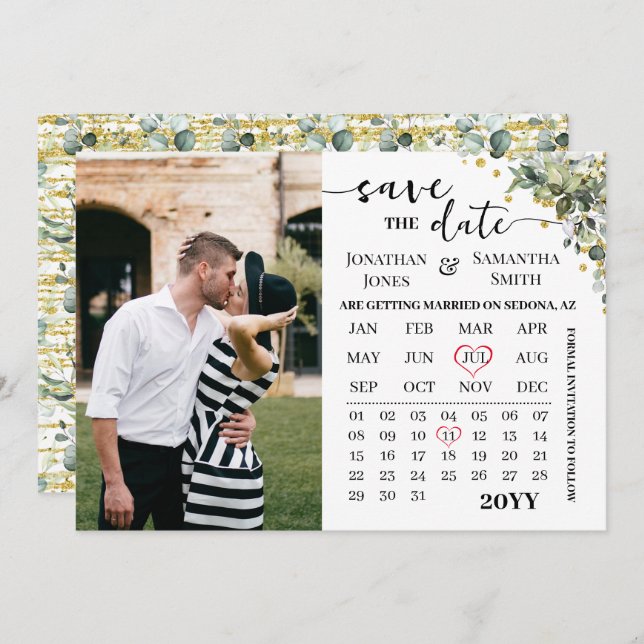Calendar Eucalyptus Gold Save the Date Wedding (Front/Back)