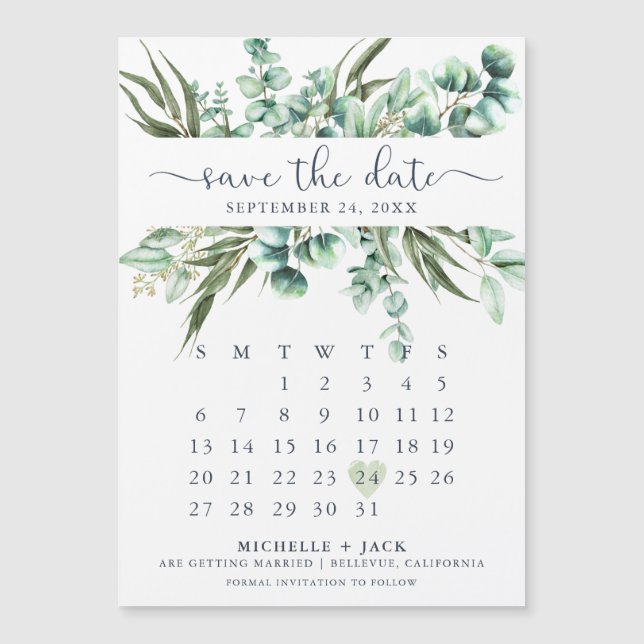 Calendar Eucalyptus Simple Save The Date Magnet (Front)