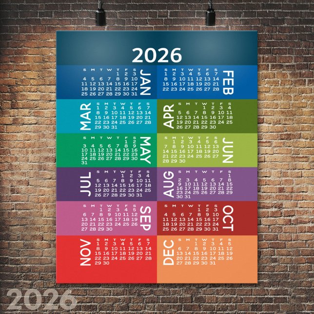 Calendar - Full Year with funky colourful months Poster (2026 Calendar Poster)