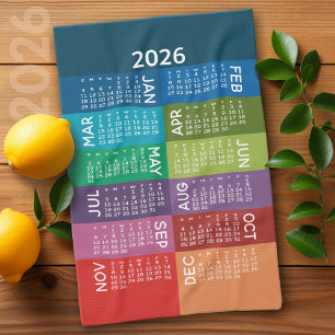 Calendar - Full Year with funky colourful months Tea Towel