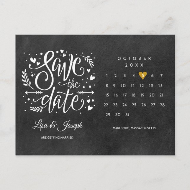 Calendar Gold Heart Chalkboard Photo Save the Date Postcard (Front)