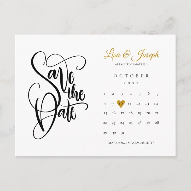 Calendar Gold Heart Photo Script Save the Date Announcement Postcard (Front)