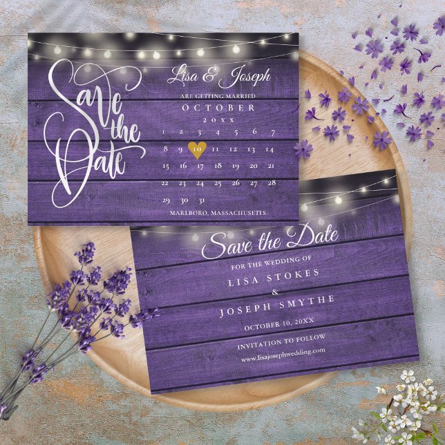 Calendar Gold Heart Rustic Purple Wood Wedding Save The Date (Calendar Gold Heart Rustic Purple Wood Wedding Save The Date)