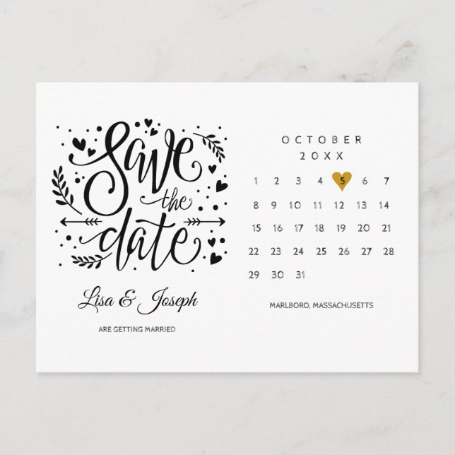 Calendar Gold Heart Save the Date Postcard (Front)