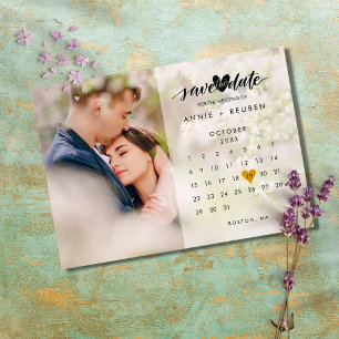 Calendar Gold Love Heart Photo Save the Date Postcard