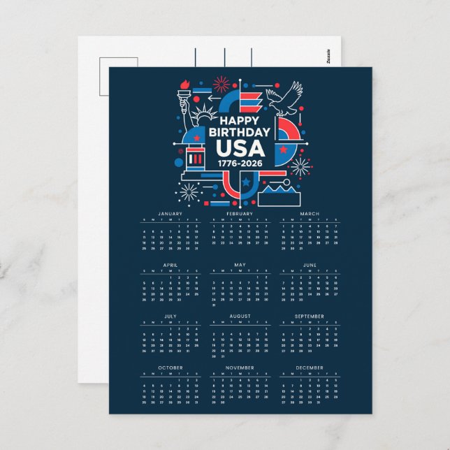 Calendar Happy Birthday USA 250 Holiday Postcard (Front/Back)