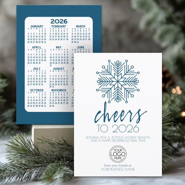 Calendar - Happy New Year Blue Snowflake Business Holiday Card (2026 Calendar on a Business Holiday Card)