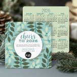 Calendar, Logo - Cheers - Aqua and Green Business Holiday Card<br><div class="desc">Cheers to the New Year - This unusual design can be used for a holiday business greeting card. Add your logo and branding to this festive design. The business name and detailed message can be changed. The background is a botanical pattern with Christmas leaves and berries. Colours used - Teal...</div>