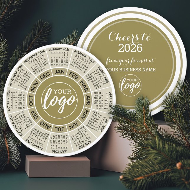 Calendar, Logo - Gold White Circle Business Holiday Card (2026 Calendar on a Business Holiday Card)