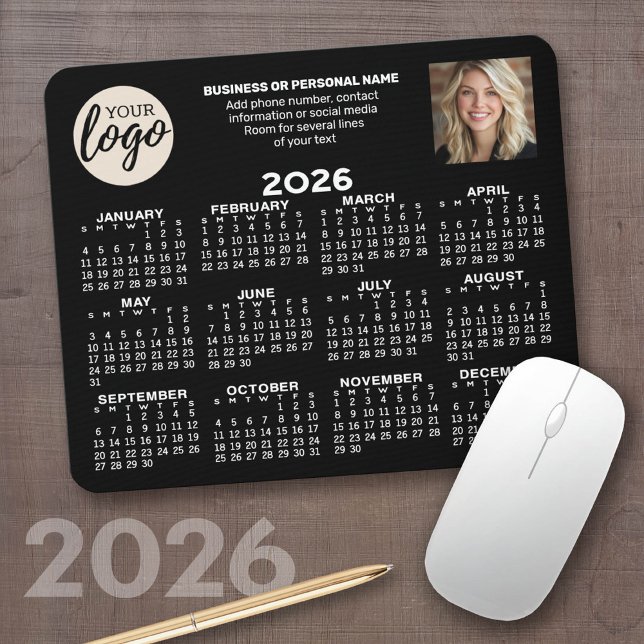 Calendar - logo, photo, business contact - black mouse pad (2026 Calendar on a computer mousepad)