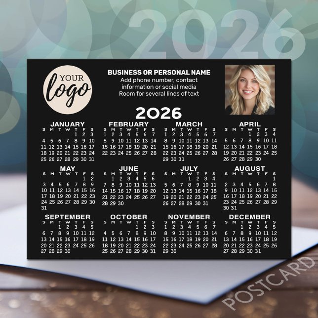 Calendar - logo, photo, business contact - black postcard (2026 Calendar Postcard - Add your logo, photo and business contact information)