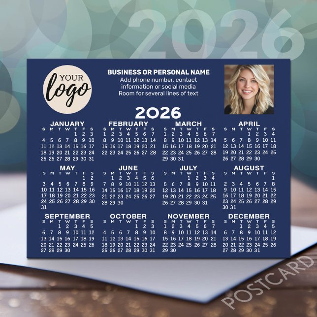 Calendar - logo, photo, business contact - blue postcard (2026 Calendar Postcard - Add your logo, photo and business contact information)