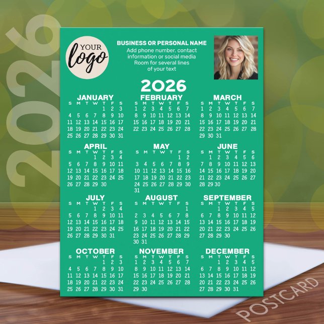 Calendar - logo, photo, business contact - emerald postcard (2026 Calendar Postcard with a logo, photo and business contact information)