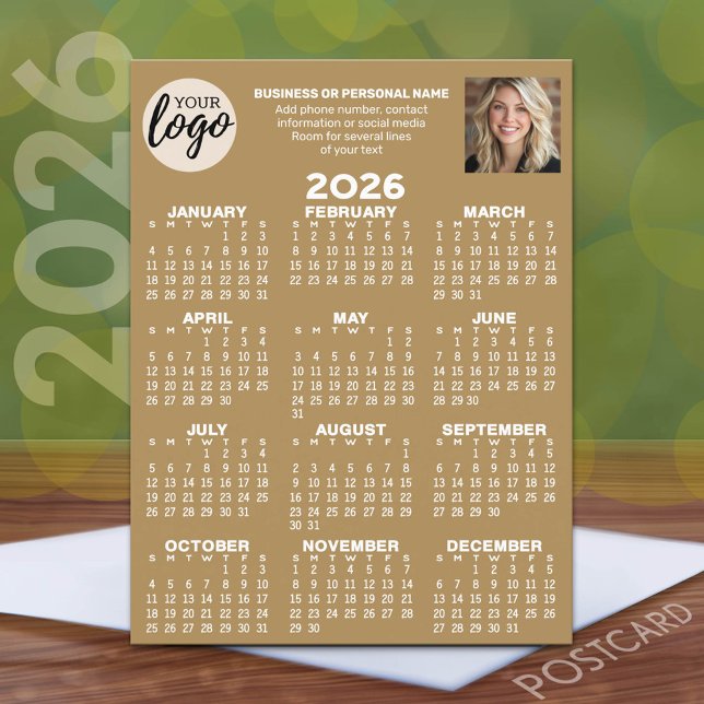 Calendar - logo, photo, business contact - golden postcard (2026 Calendar Postcard with a logo, photo and business contact information)