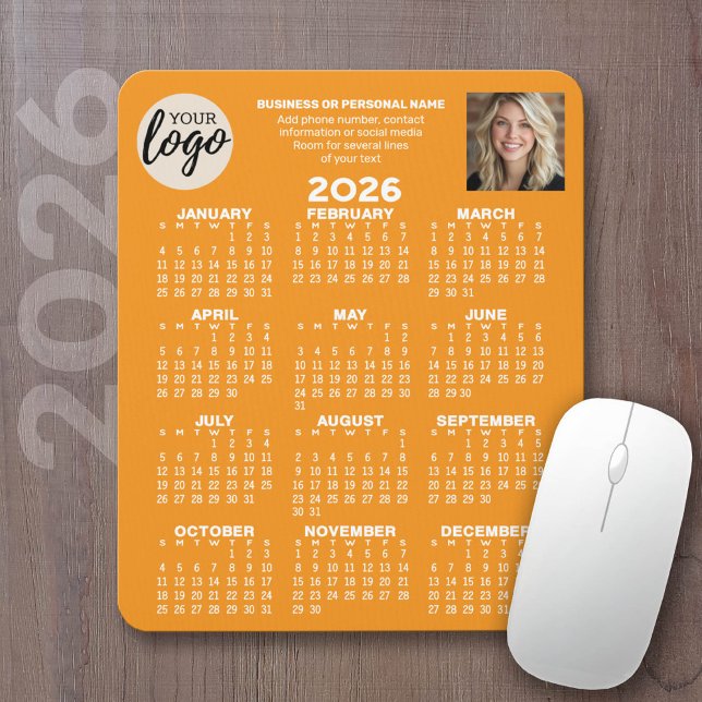 Calendar - logo, photo, business contact - orange mouse pad (2026 Calendar on a mousepad - add your logo and photo plus business information)