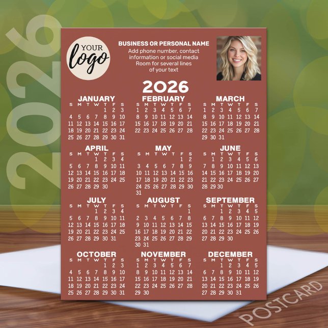 Calendar - logo, photo, business contact - rust postcard (2026 Calendar Postcard with a logo, photo and business contact information)