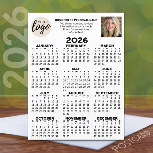 Calendar - logo, photo, business contact - white postcard