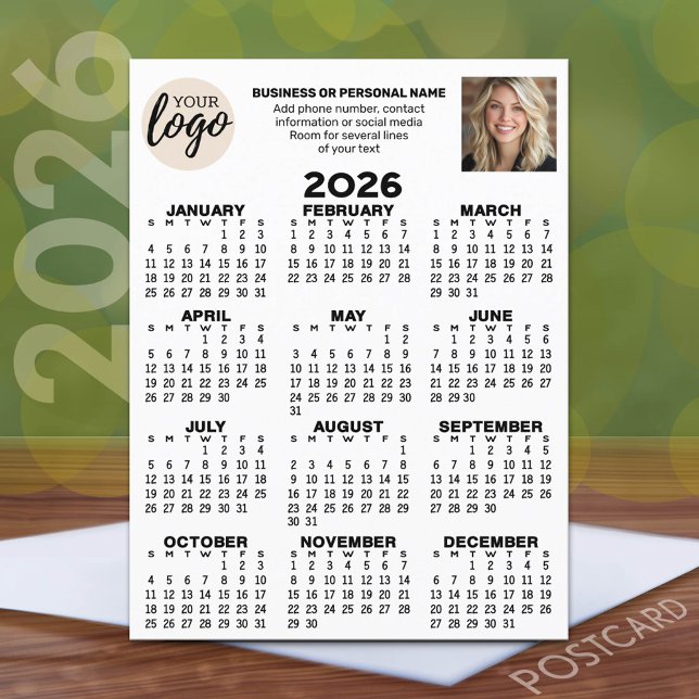 Calendar - logo, photo, business contact - white postcard (2026 Calendar Postcard with a logo, photo and business contact information)