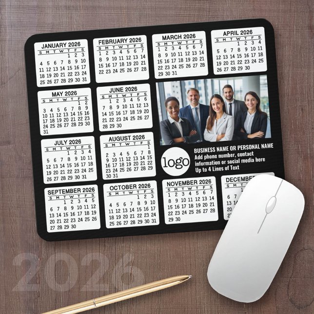 Calendar - logo, photo business mouse pad (2026 Calendar with your logo or photos - Great Business Gift or Home Office Decor)