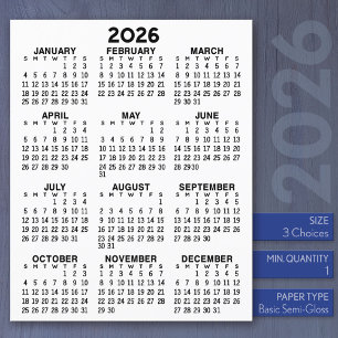 Calendar Mini Full Year View Flat Sheet Paper