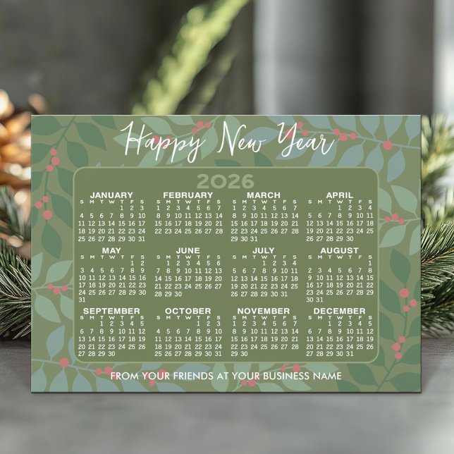 Calendar Modern Botanical - Happy New Year Green Holiday Card (2026 Calendar - Business Holiday Card)