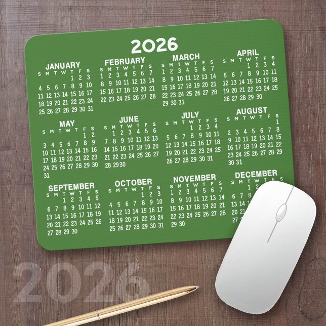 Calendar - modern green and white simple mouse pad (2026 Calendar on a Mousepad)