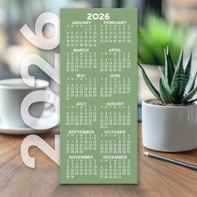 Calendar - Modern Minimal Tall Sage Green Card (2026 Calendar on Cardstock - Simple, Minimal Design)