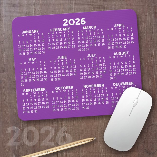 Calendar - modern purple and white simple mouse pad (2026 Calendar on a Mousepad)