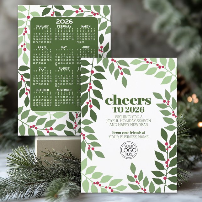 Calendar New Year CHEERS White Green Logo Business Holiday Card (2026 Calendar on a Business Holiday Card)