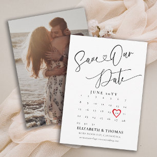 Calendar Red Heart Date Modern Calligraphy Wedding Save The Date