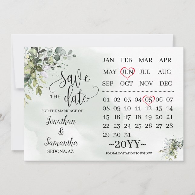 Calendar save the date Eucalyptus greenery Invitation (Front)
