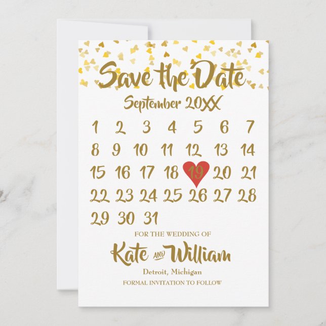 Calendar Save the Date Gold Love Hearts Confetti (Front)