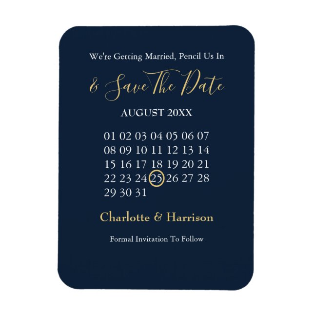 Calendar Save The Date Navy Gold Editable Magnet (Vertical)