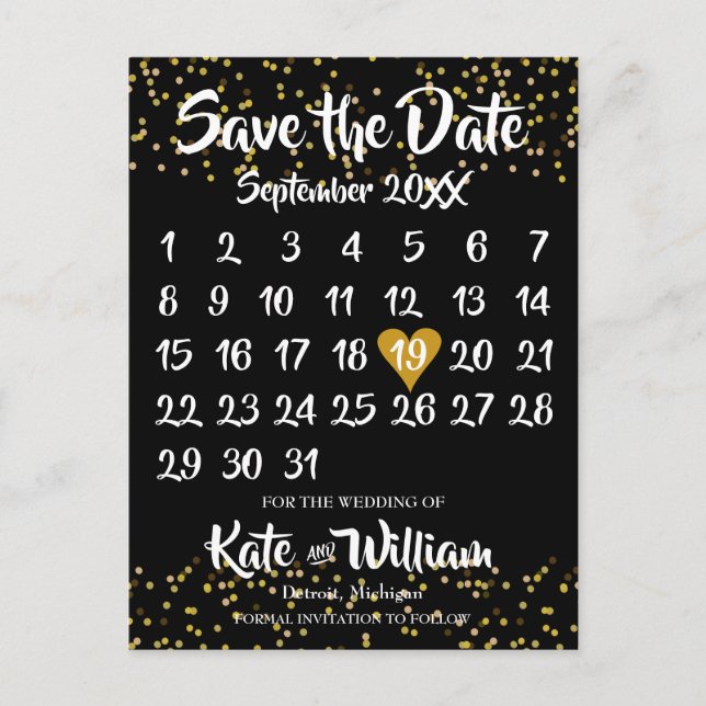 Calendar Save the Date Photo Gold Dust Confetti Announcement Postcard (Front)