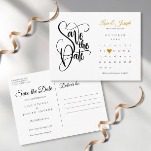 Calendar Script Gold Heart Save the Date Postcard