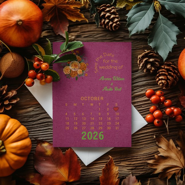 Calendar Style Wedding Save the Date October Announcement Postcard (Creator Uploaded)