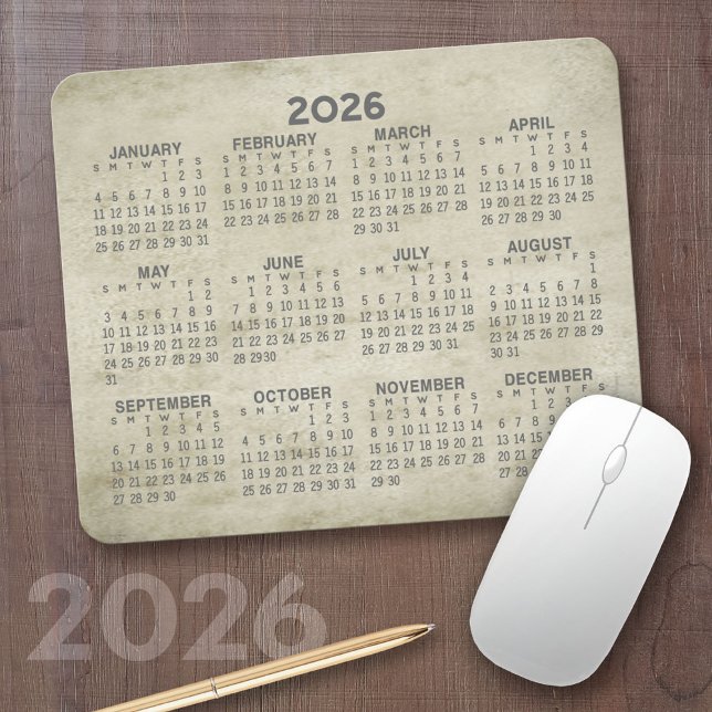 Calendar - traditional parchment gold grey mouse pad (2026 Calendar Mousepad)