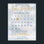 Calendar Winter Snowflakes Save the Date Postcard<br><div class="desc">Move the elegant gold snowflake to your special date and personalise with your names and details on a winter frost background to create a unique save the date card. The reverse has additional save the date details, including your wedding website, with your return address and space for your recipient's address....</div>