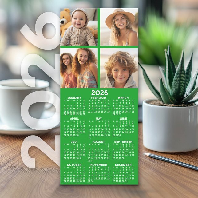 Calendar with 4 Photo Collage - Green Card (2026 Calendar on Cardstock - Simple, Minimal Design and Photo Collage)