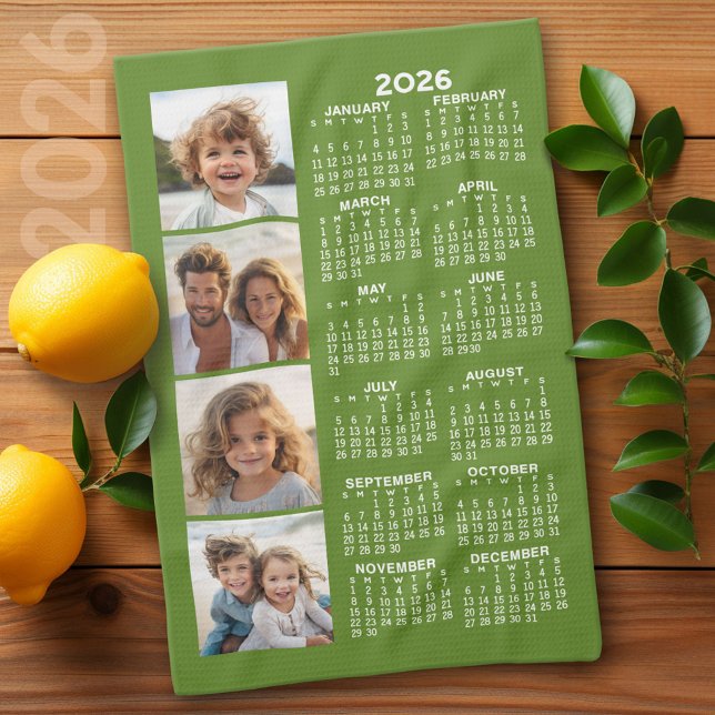 Calendar with 4 Photo Collage - Green Tea Towel (2026 Calendar)