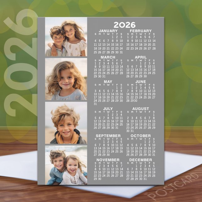 Calendar with 4 Photo Collage - Grey Postcard (2026 Calendar Postcard)