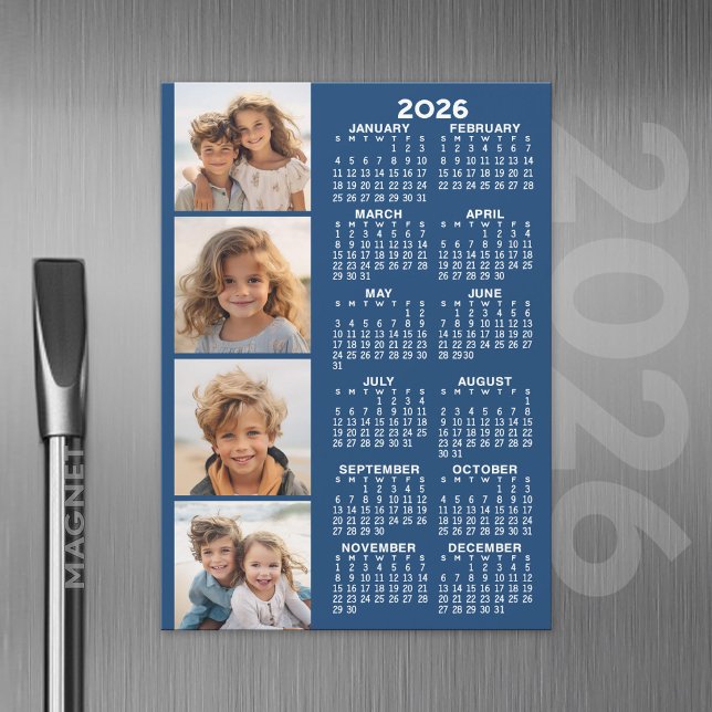 Calendar with 4 Photo Collage Magnetic Card - Blue (2026 Calendar with A Photo and Magnetic Back)