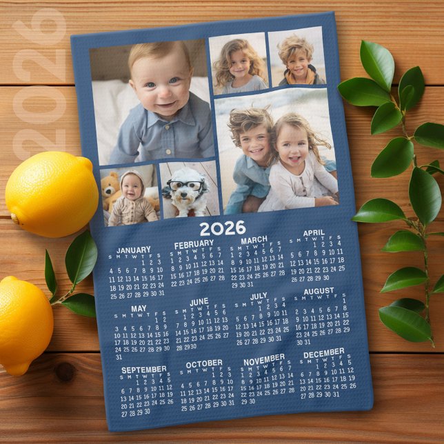 Calendar with 6 Photo Collage - Blue Tea Towel (2026 Calendar)